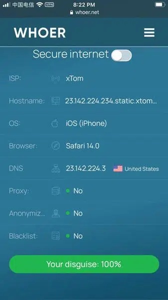 Whoer.net 手机伪装程度